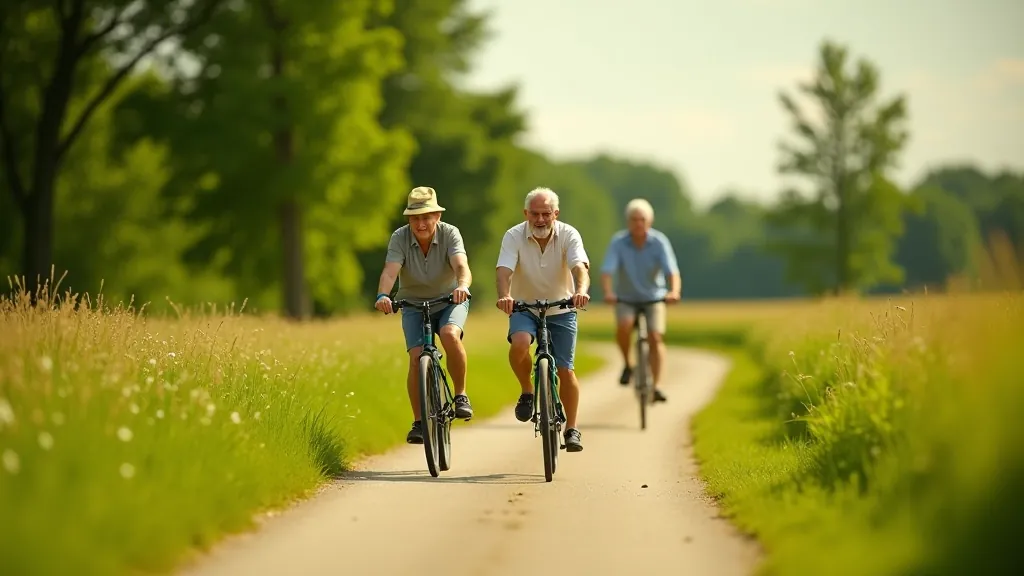 Senioru grupa braucot uz velocipēdiem pa Mārupes lauku ceļiem, zaļa daba un saulains laiks