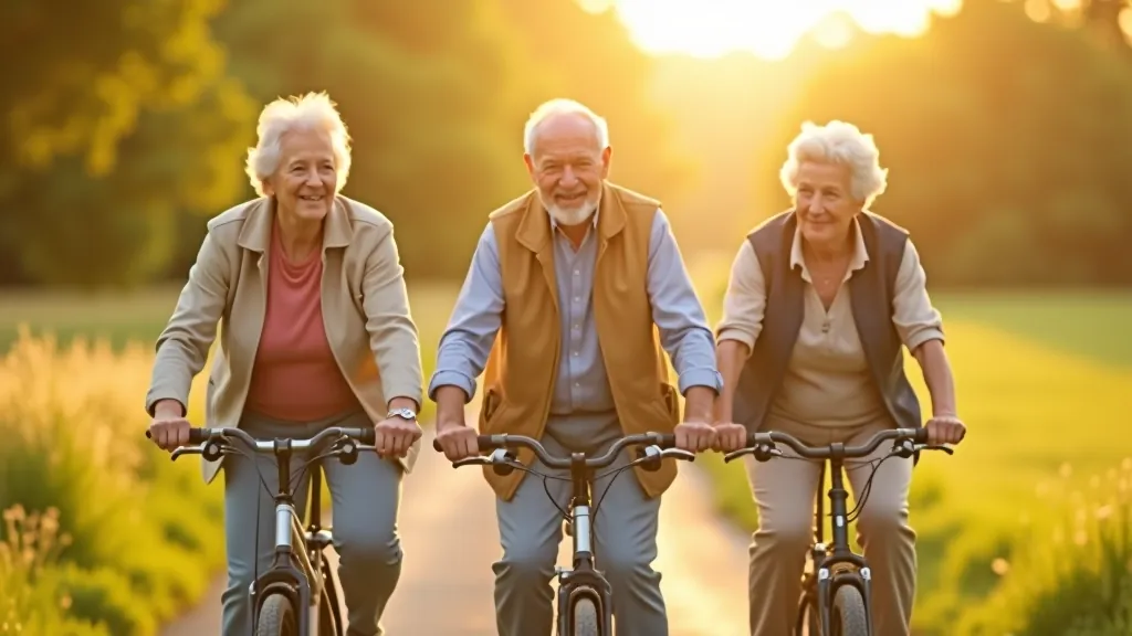 Grupa senioru braucē ar velosipēdiem pa skaidru lauku ceļu, saulekarā, pozitīva atmosfēra
