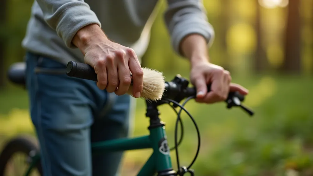 Seniora rokas tīra velosipēda rāmi ar mīkstu birsti, mierīgs lauku fons
